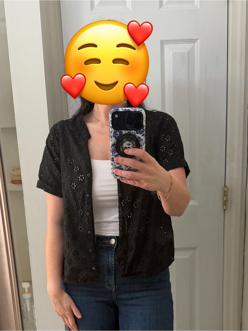 Buckle Black Eyelet Button-Down Short Sleeve Blouse